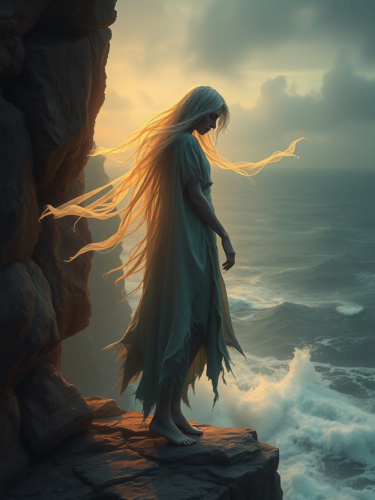Ghostly Apparition at Cliff Edge Overlooking Angry Sea