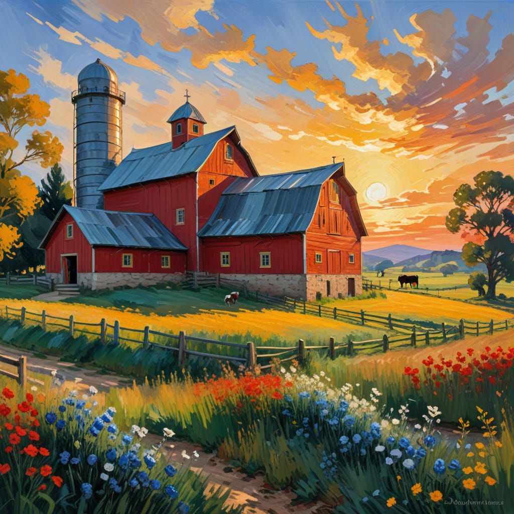 Red barn and silver silo.