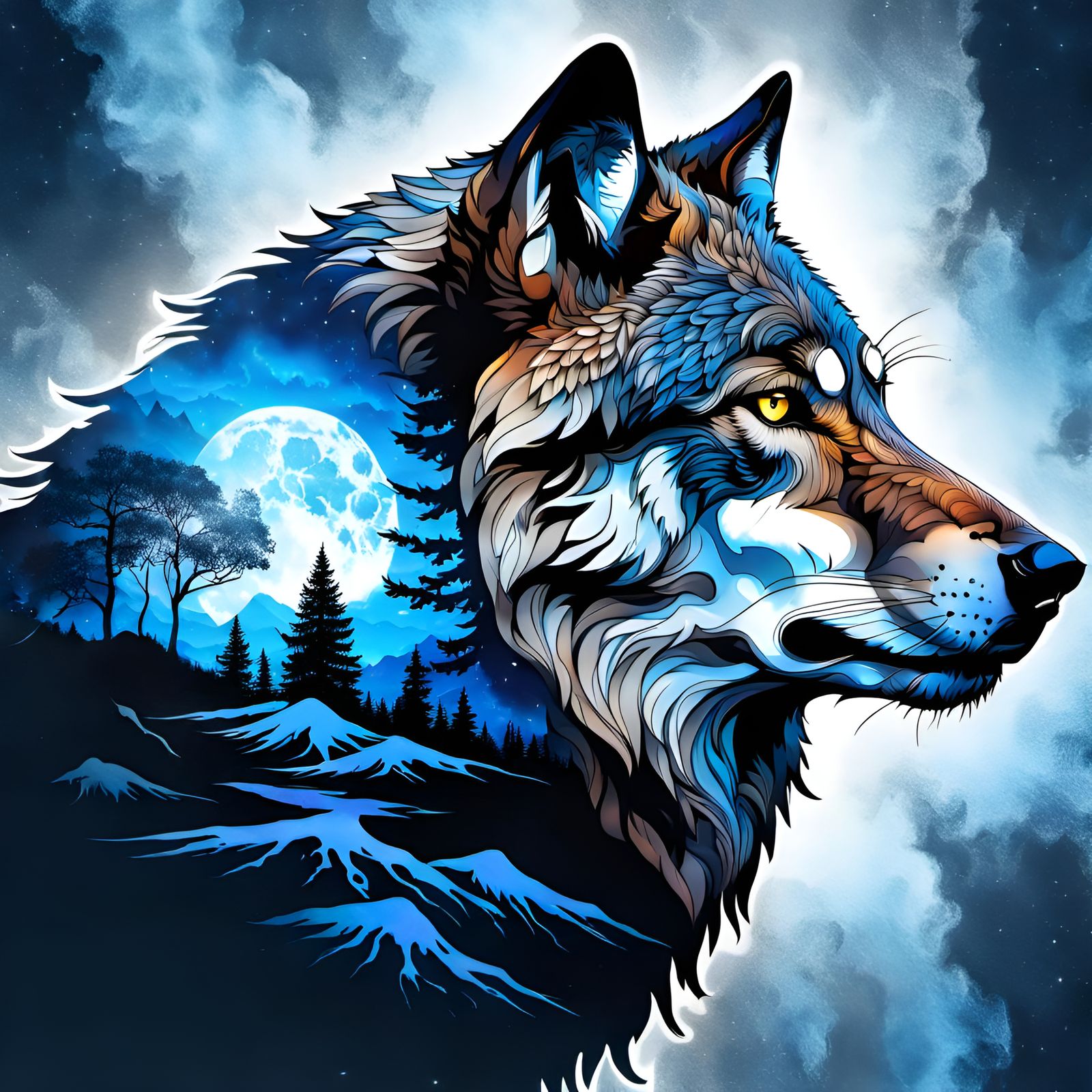 Blue Storm Double Exposure Wolf Portrait