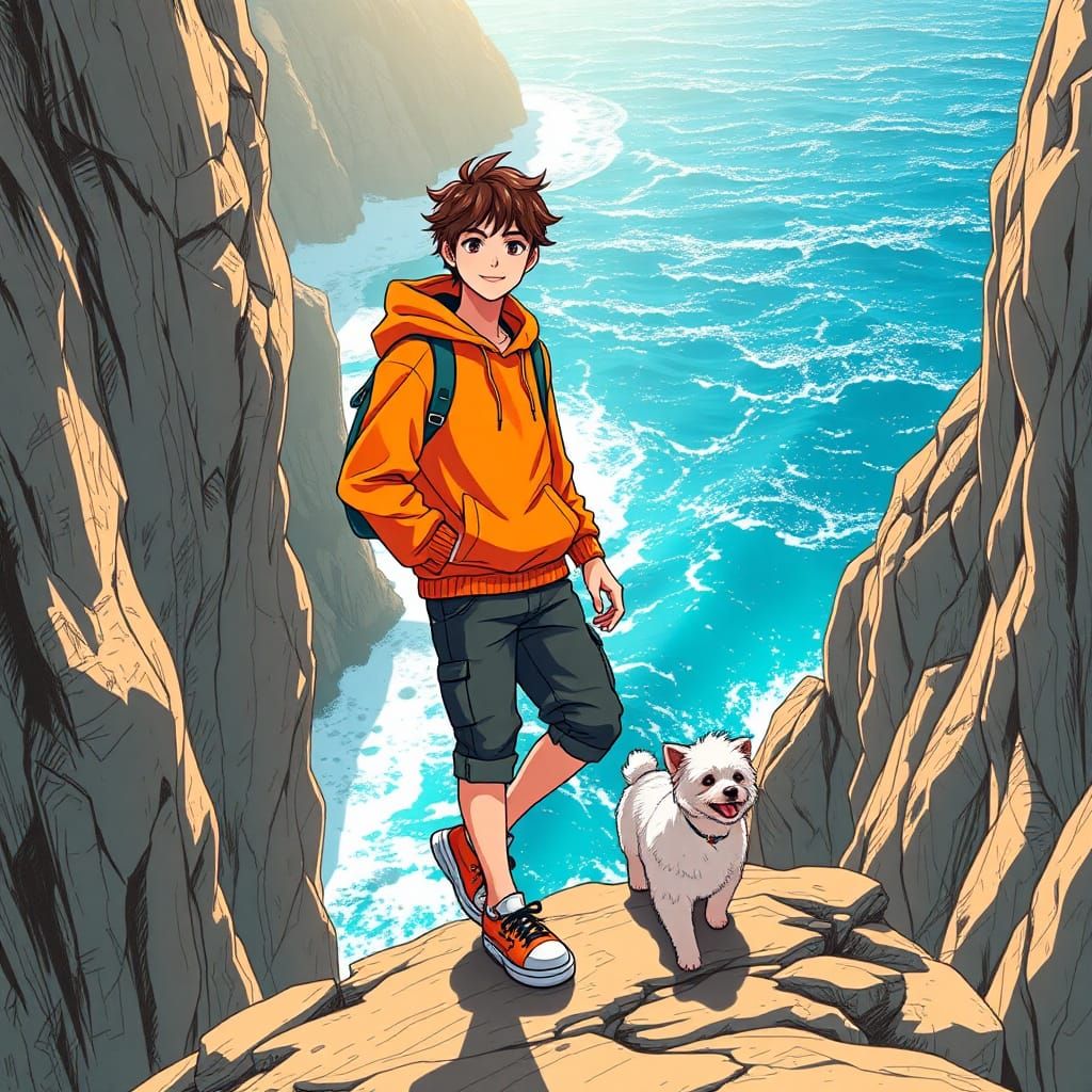 Joyful Cliffside Walk with Dog in Anime Style
