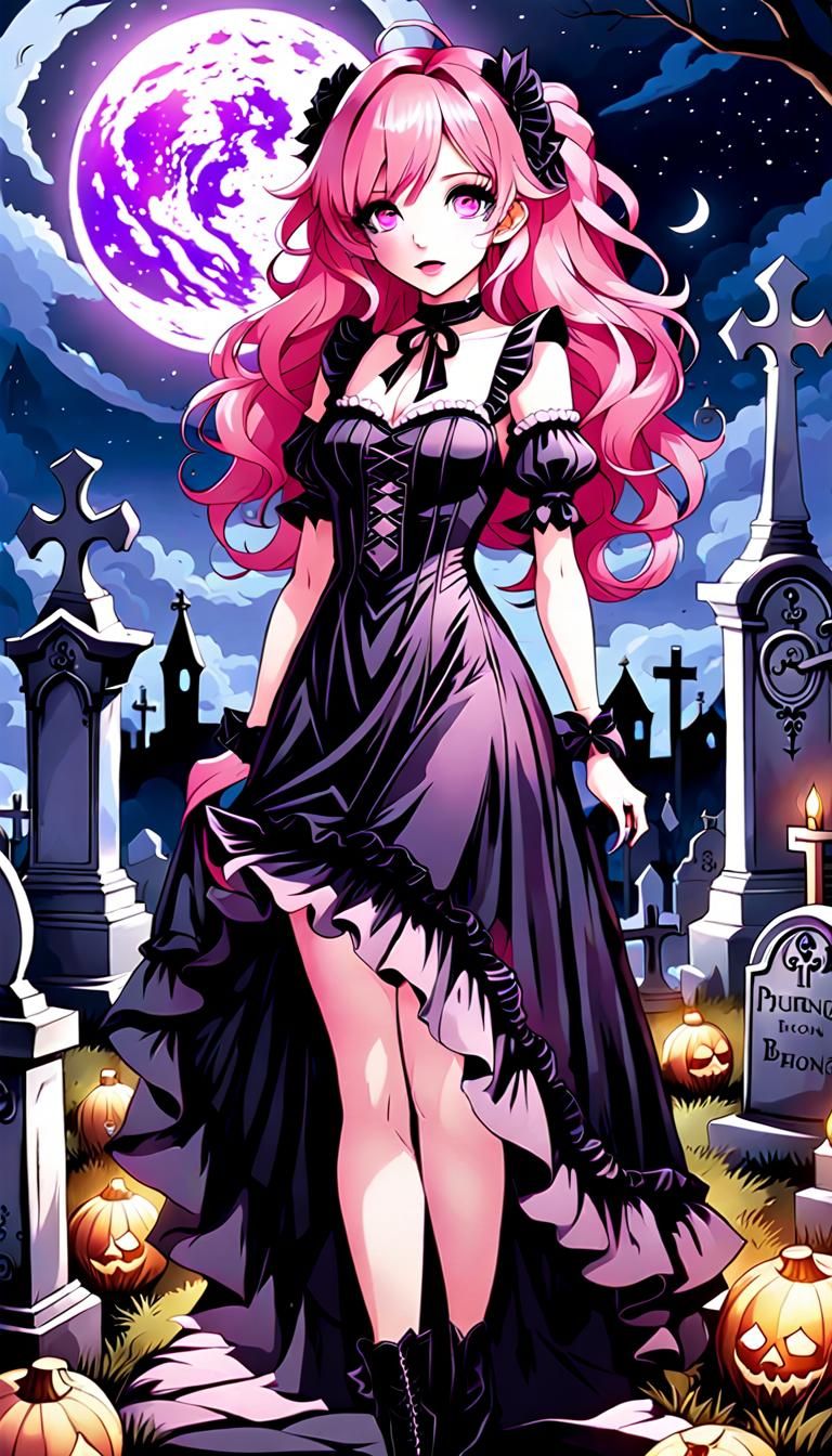 Anime Woman in Gothic Dress at Cemetery