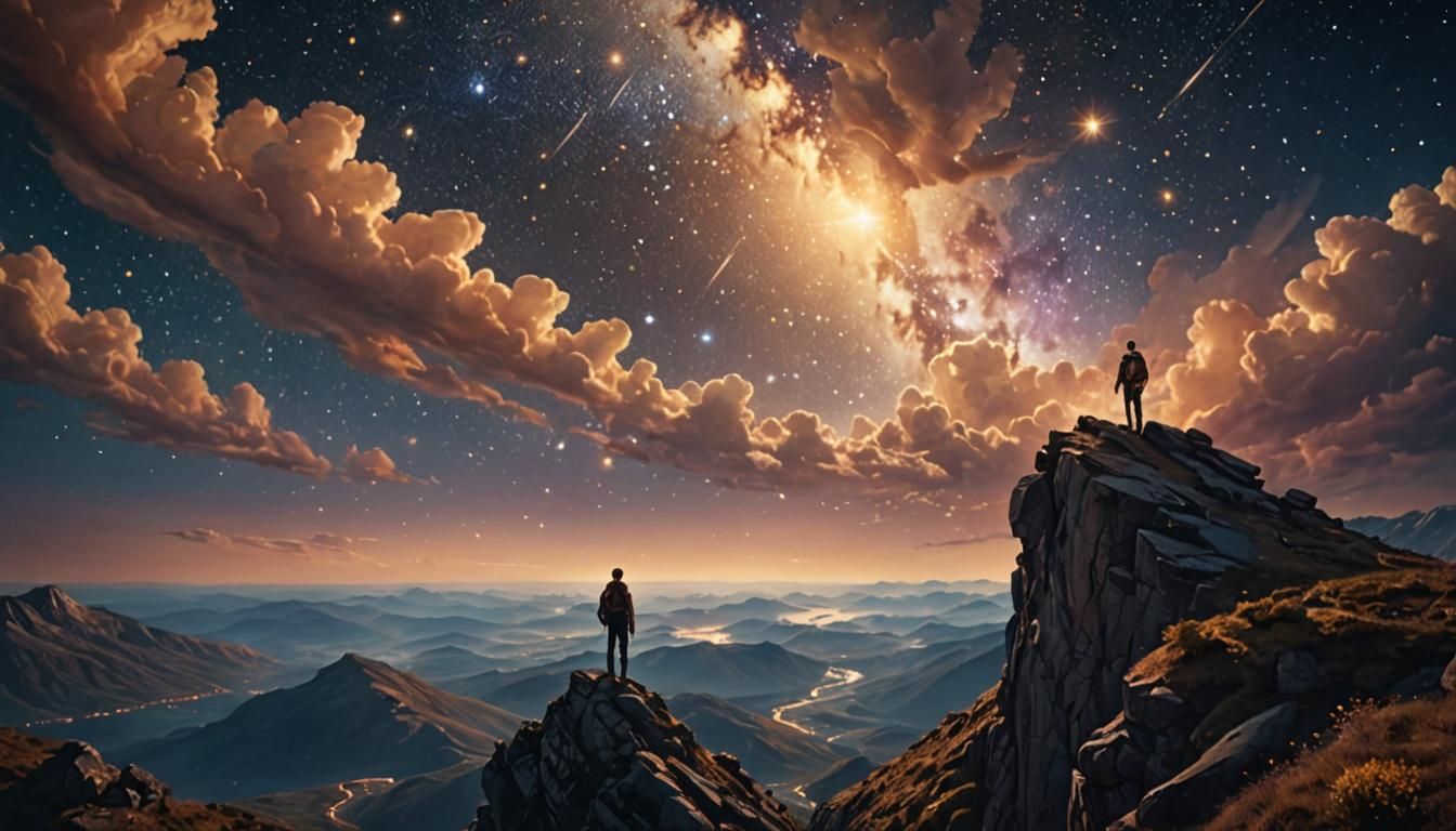 Surreal Cosmic Traveler Contemplates Starry Night Sky