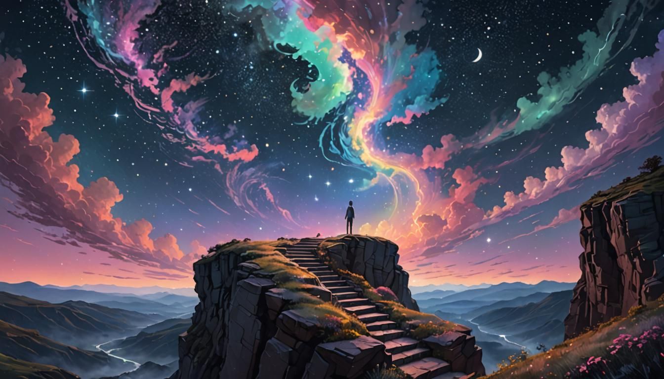 Person Gazing at Starry Sky with Cloud Staircase