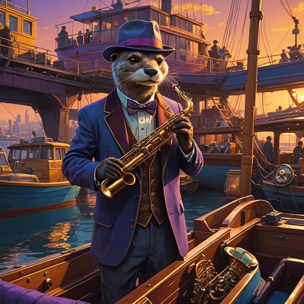 Otter Saxophonist on Luxurious Boat at Sunset