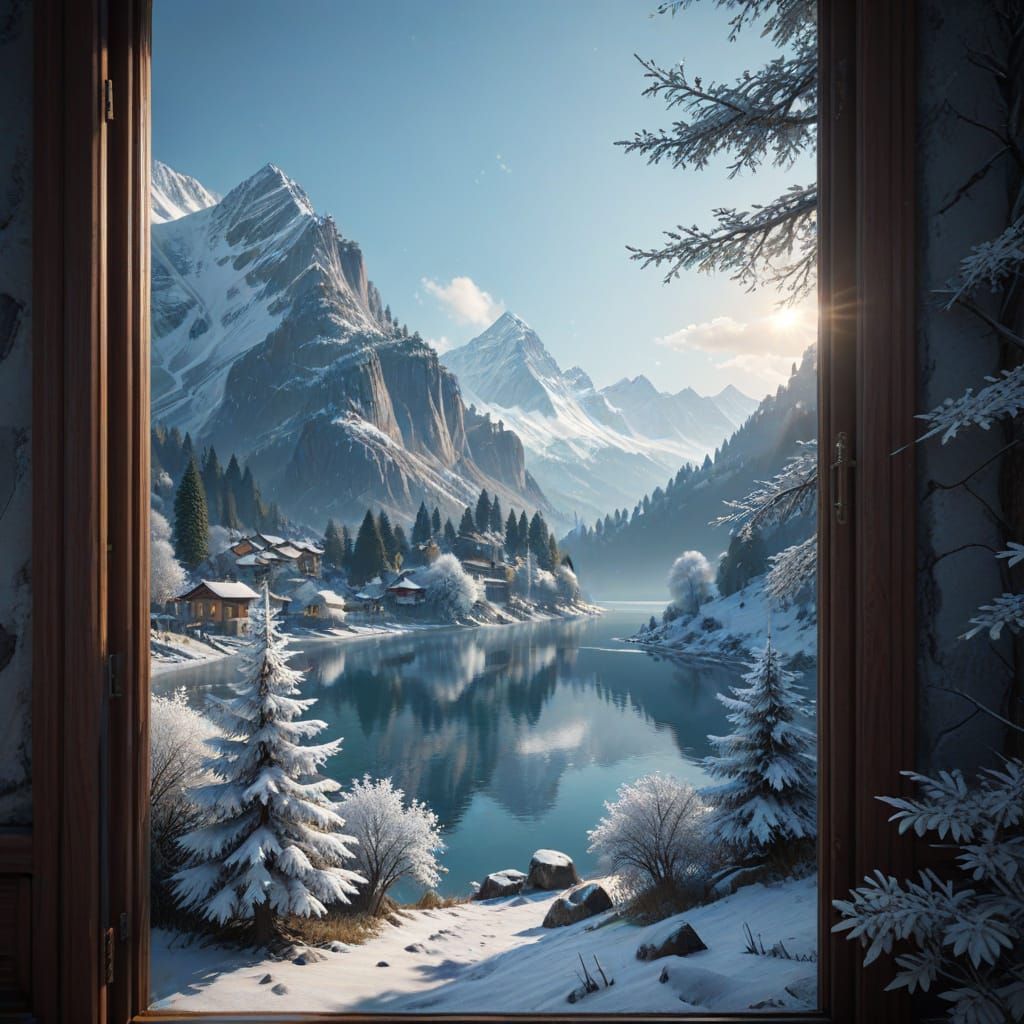 Lake Como Winter Scene Through Frosted Window