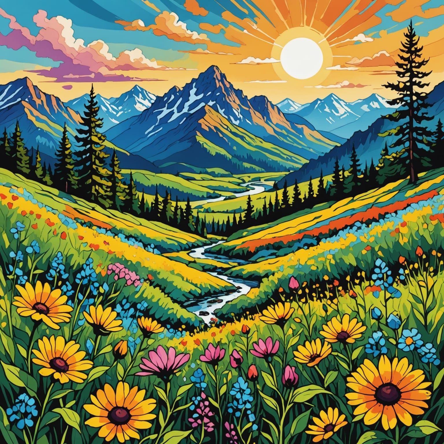 Radiant Wildflowers in Mountain Landscape: Alcohol Ink Art