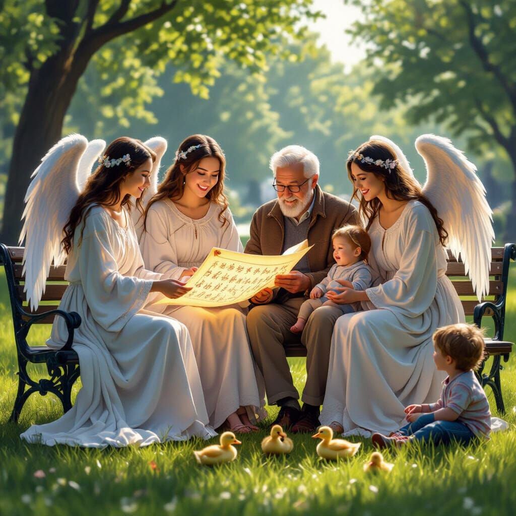 Angels on a Bench with Glowing Scroll