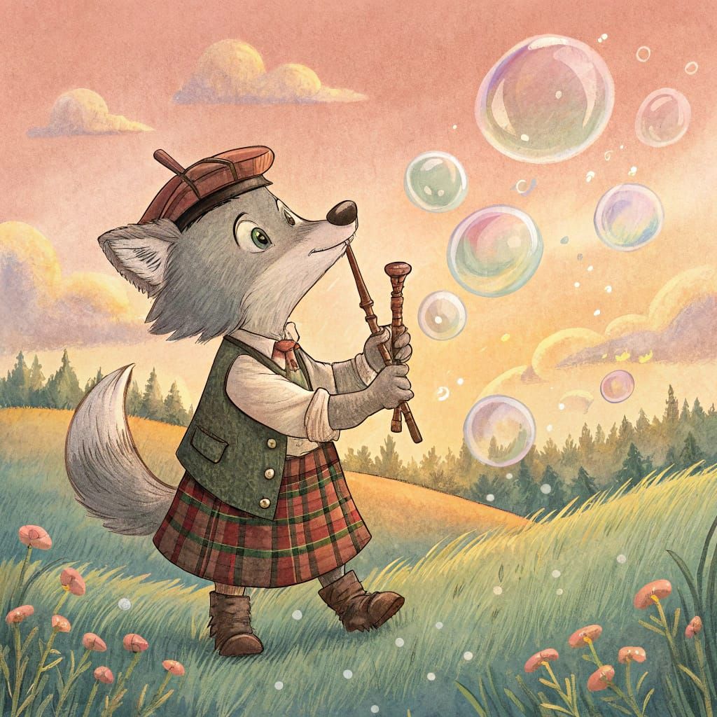 Wolf Cub Bagpiper in Bubble Field, Watercolor Style