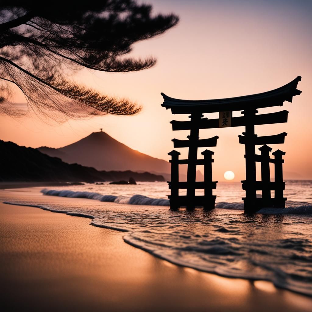 Shinto Shrine at Sunset on Japanese Beach