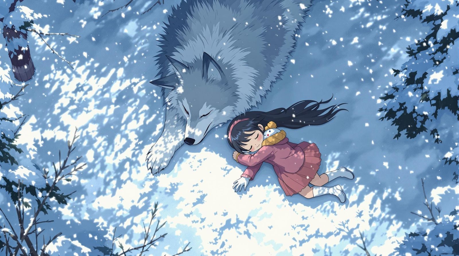 Whimsical Winter Scene of Wolf and Girl in Snowy Landscape