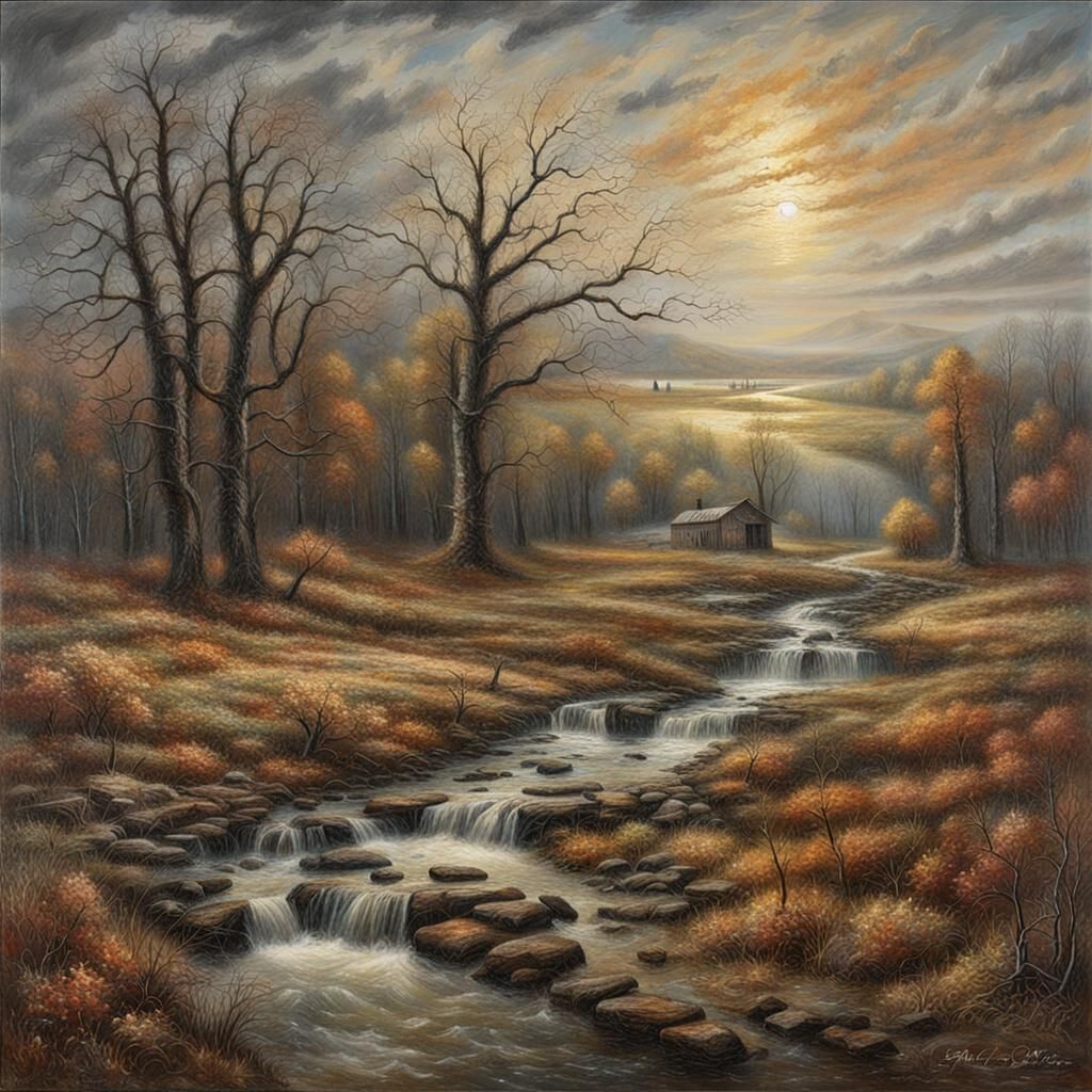 Dramatic Landscape Painting with Stormy Sky