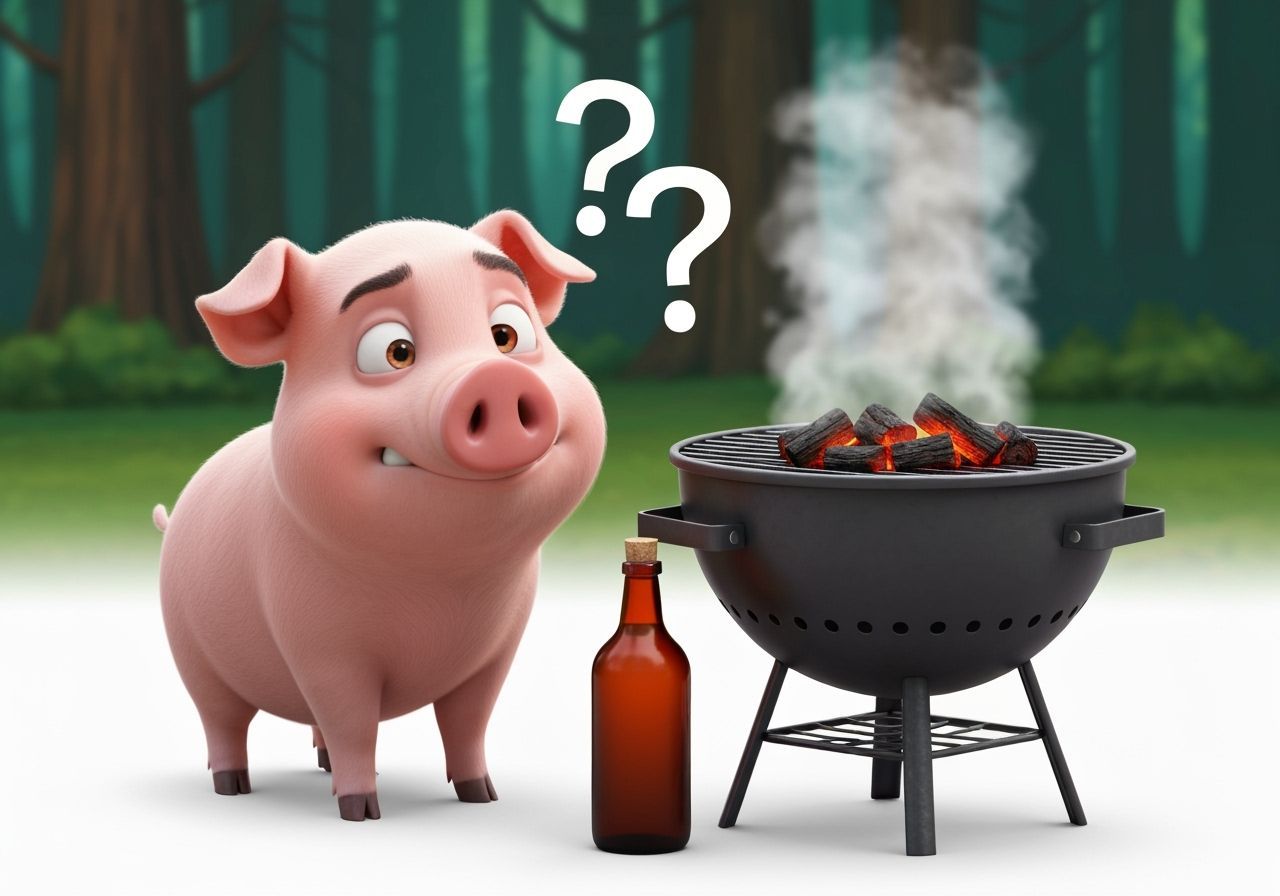Funny Cartoon Pig Questions BBQ Bottle in Forest