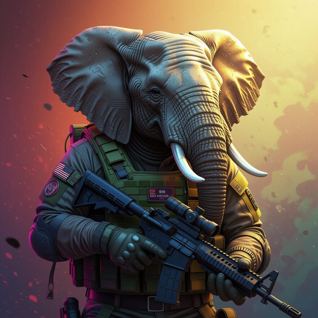 Hyperrealistic Elephant in Tactical Gear with Weapons