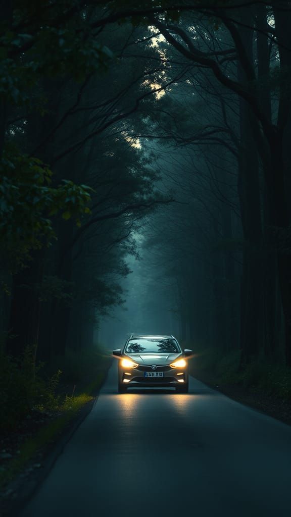 Car on Forest Road in Cinematic Style