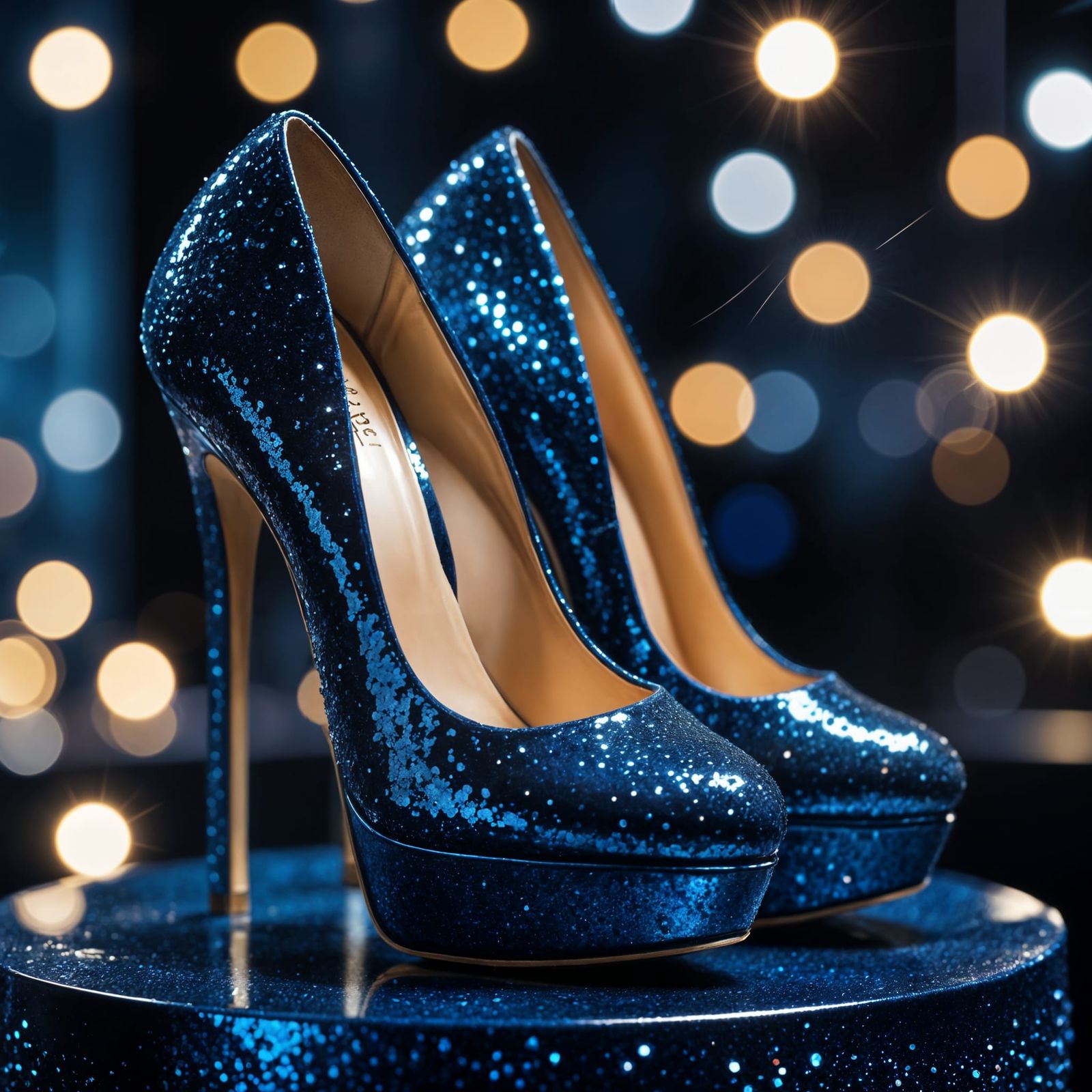 Navy Blue Glittering High Heels in Showroom