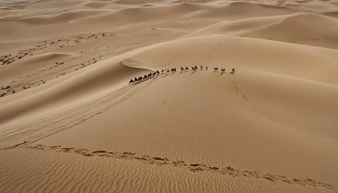 Dramatic Desert Landscape with Camel Caravan