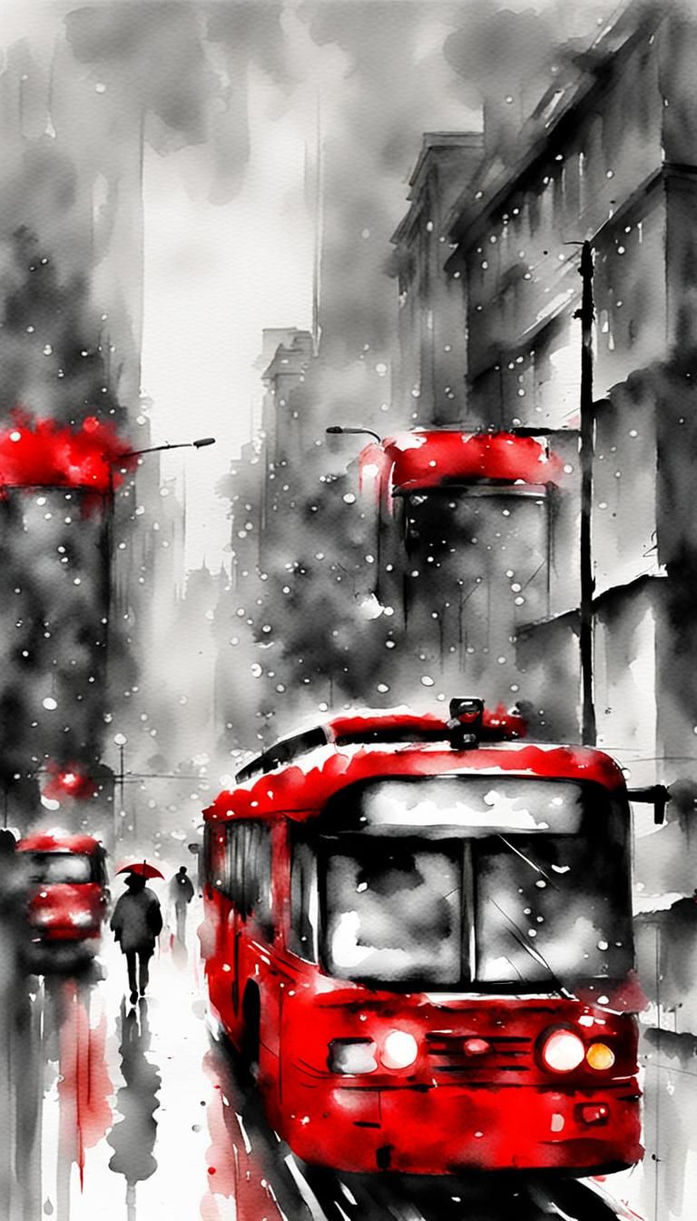 Watercolor Cityscape on Rainy Day in Selective Color