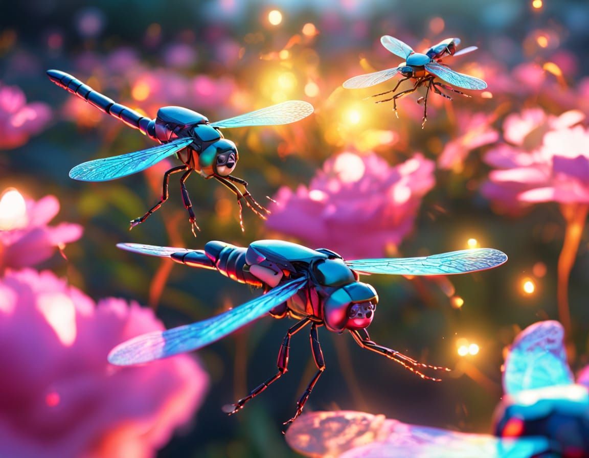 Futuristic Bionic Dragonfly Drones at Pool Party