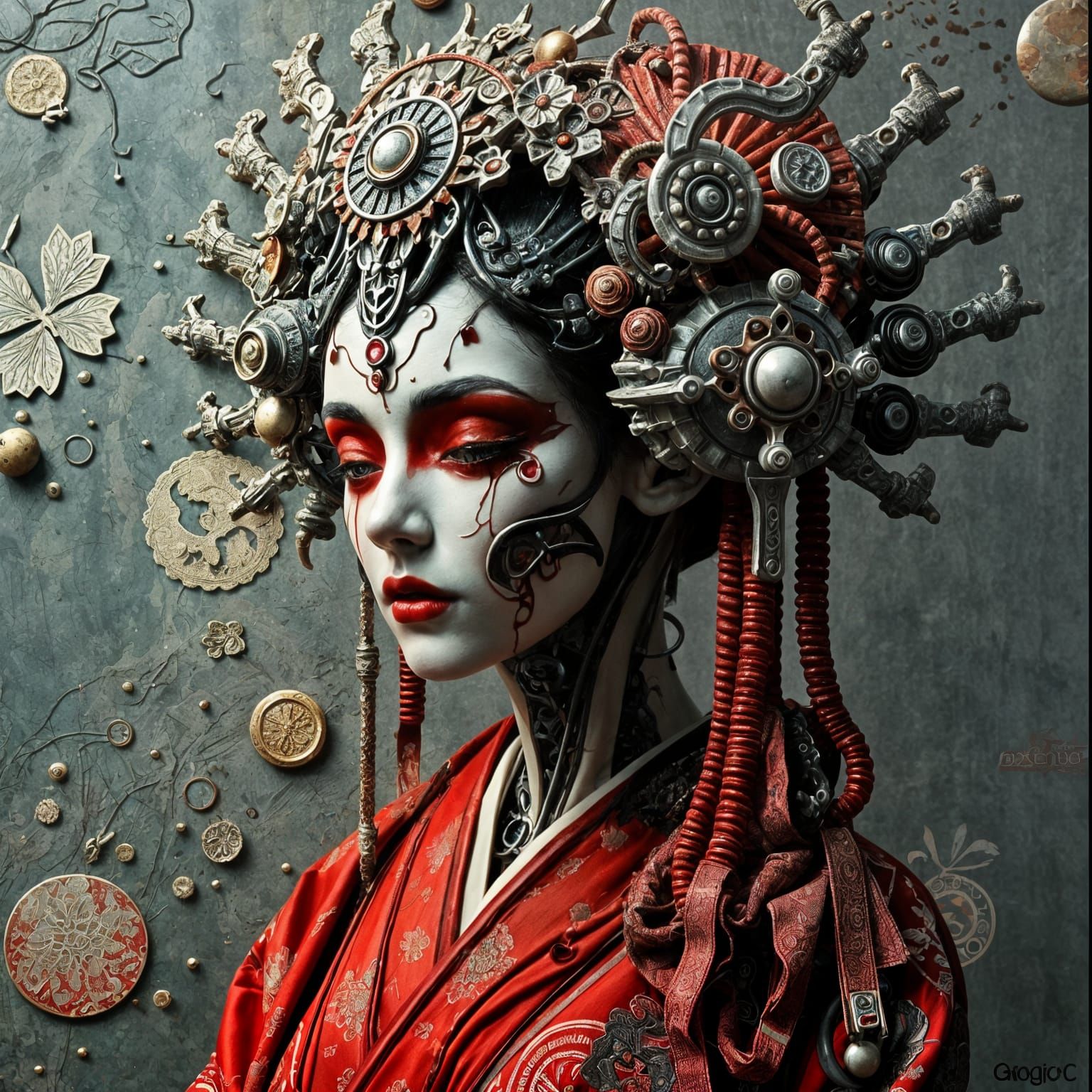 Cyberpunk Geisha in Dystopian Biomechanical Beauty