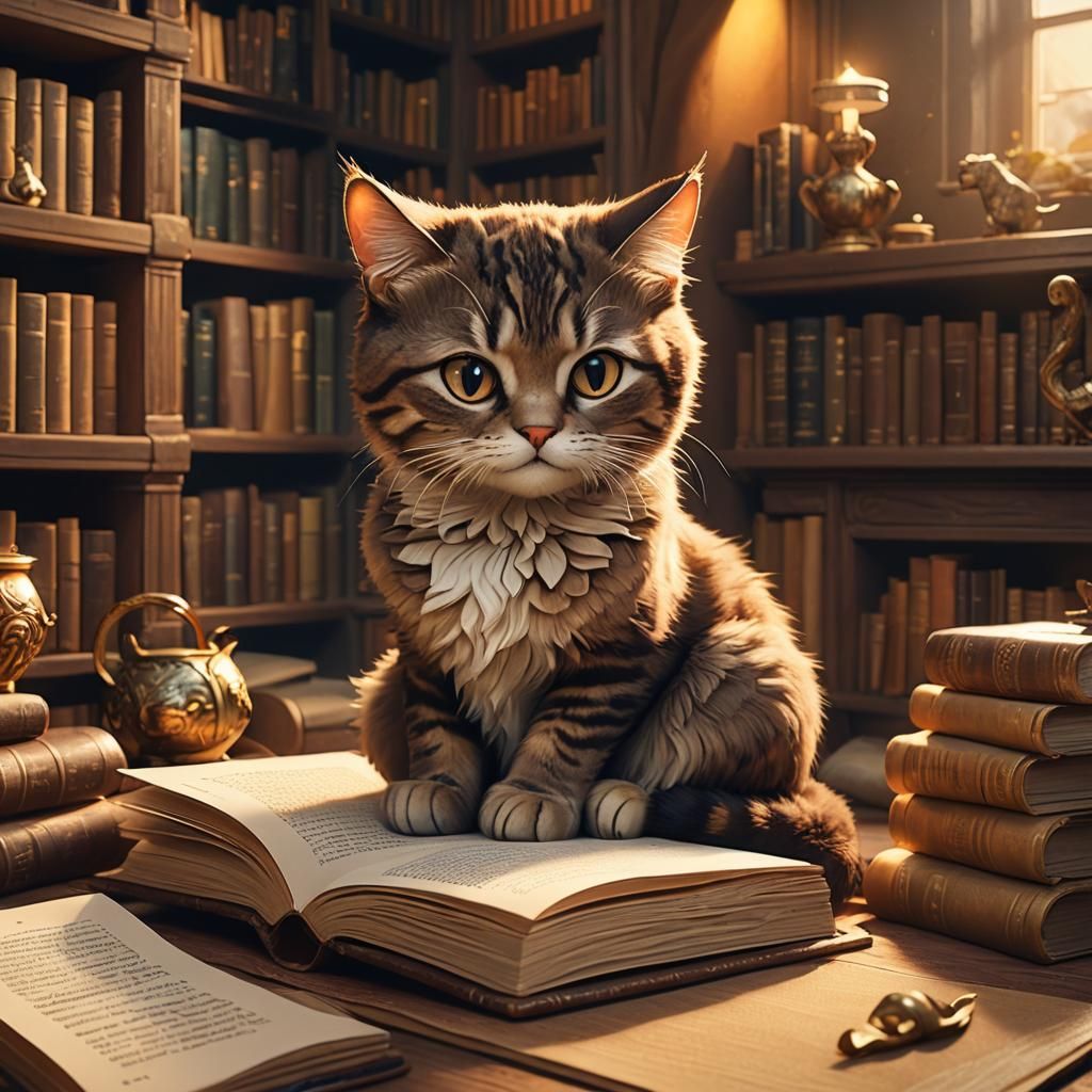 Cozy Cat Reading in Hidden Library: Fantasy Art