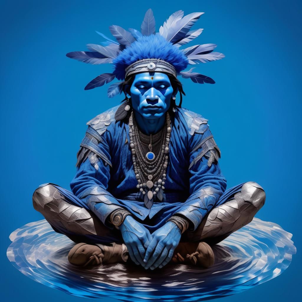 Monochrome Blue Medicine Man in Meditation
