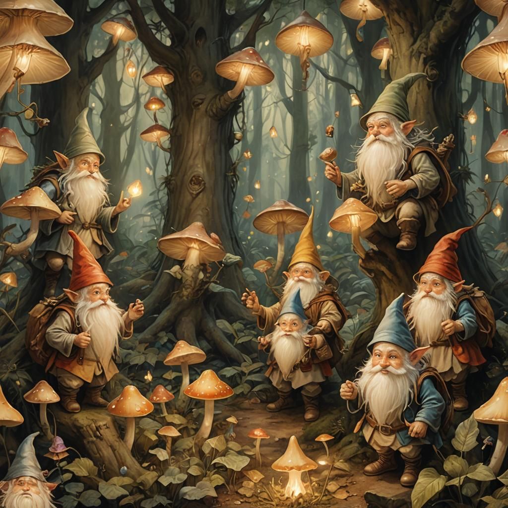 Gnomes Gathering Mushrooms in Whimsical Forest