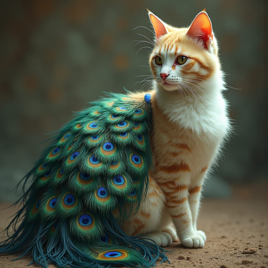 Cat with Peacock Tail in Byzantine Mosaic Style