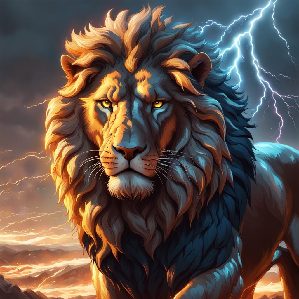 Fiery Lion Portrait with Lightning in Digital Art Style
