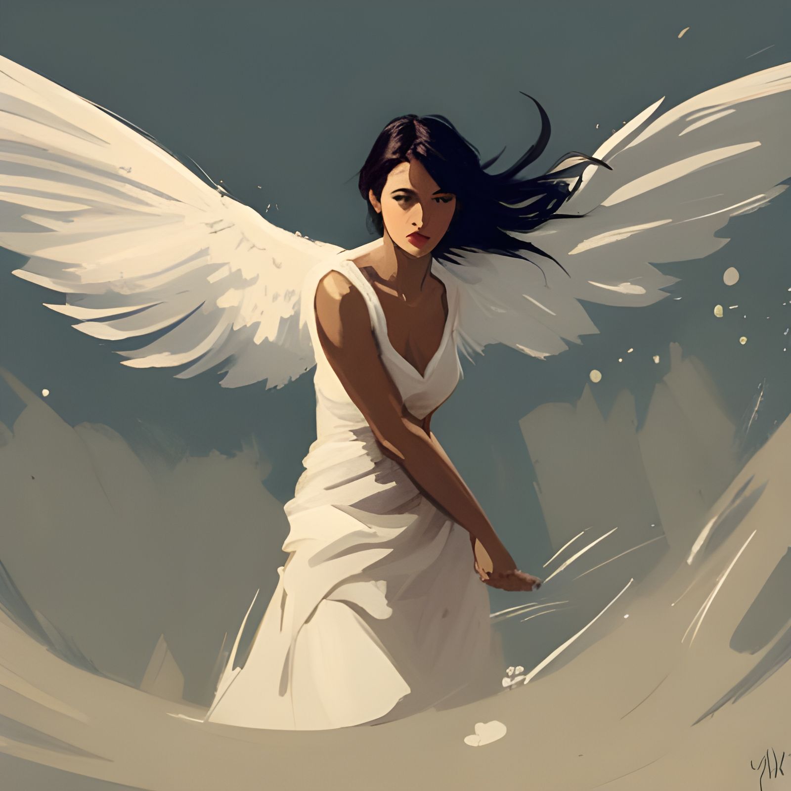 Majestic Winged Woman: Oil Painting Illustration