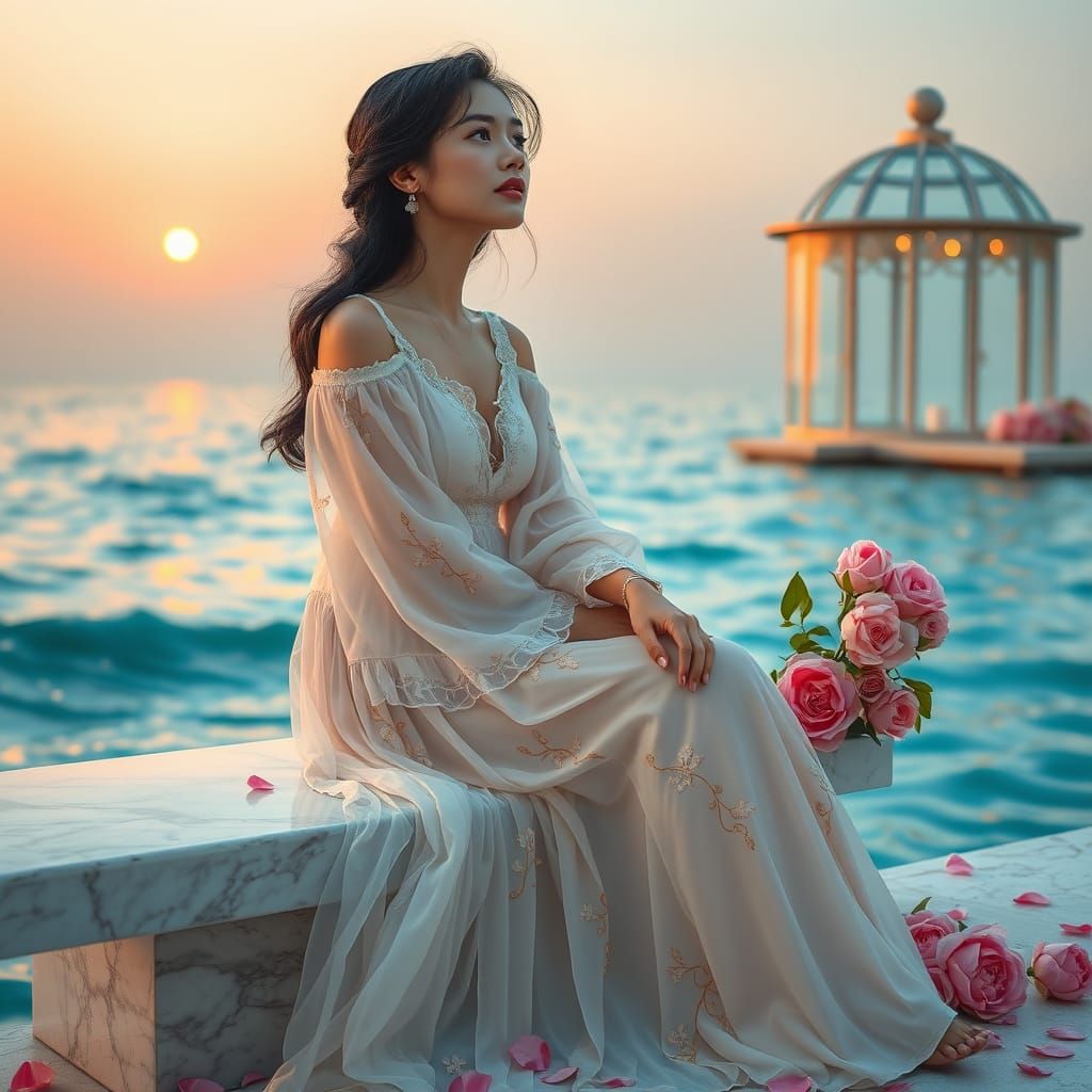 Elegant Woman Amidst Persian Fantasy Landscape