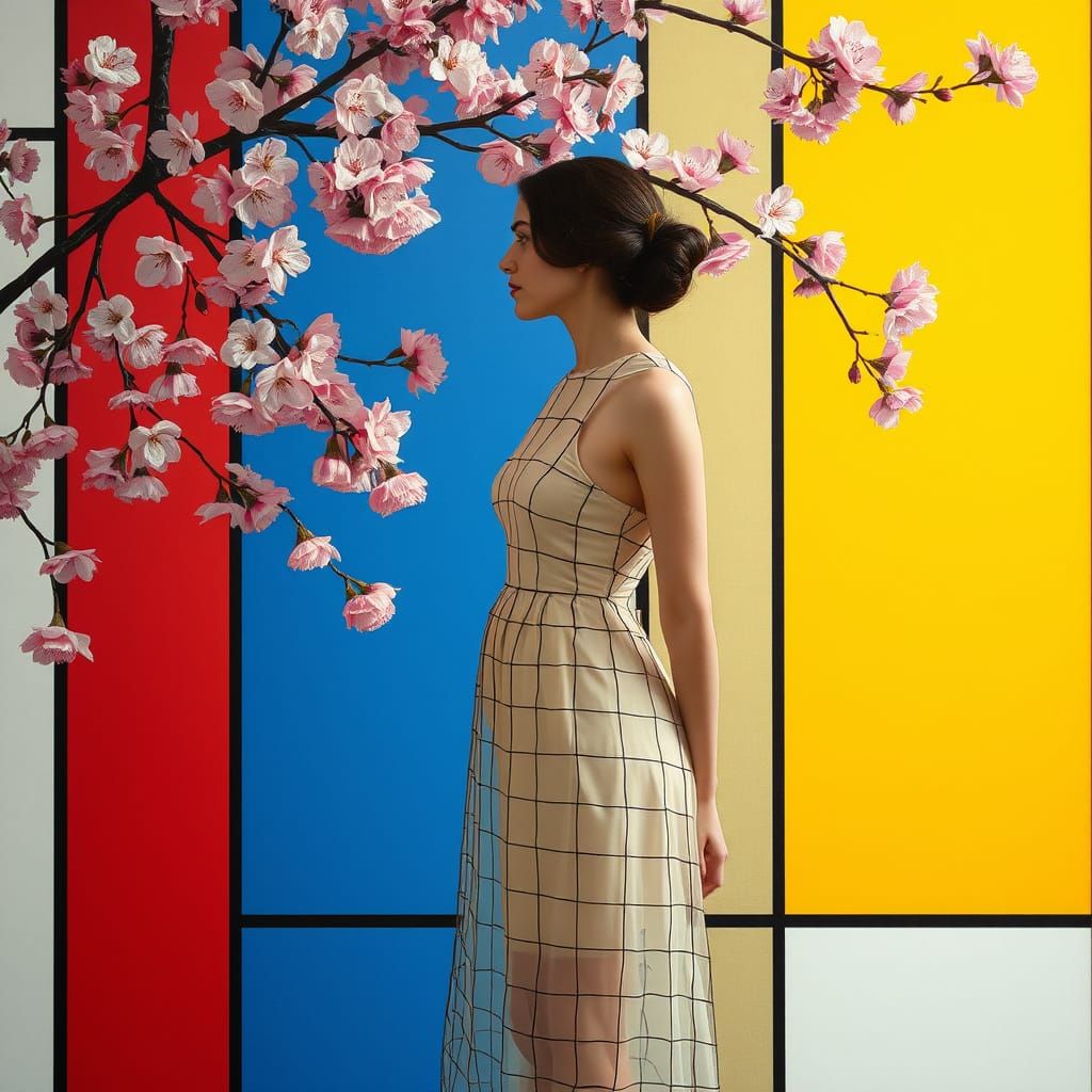Mondrian Meets Elvgren: Grid Dress in Cherry Blossoms