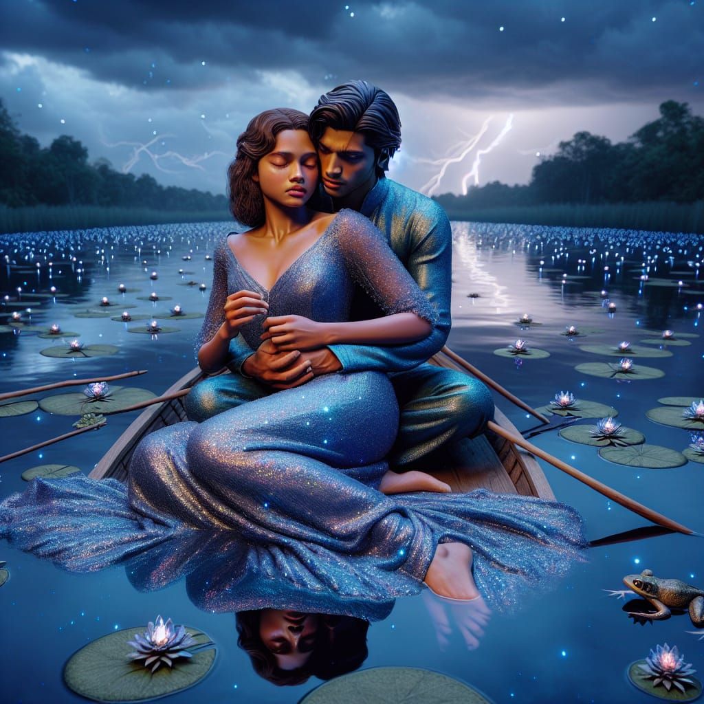 Couple's Lakeside Embrace at Dusk in Hyperrealism