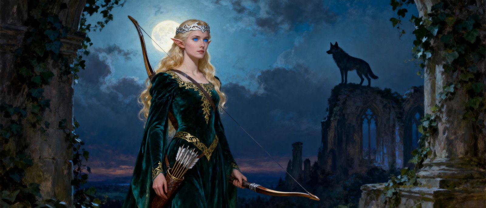 Wise Blonde Elf Widow in Moonlit Ruins