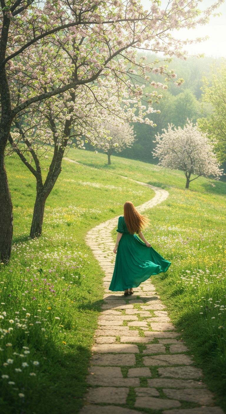 Woman Walks Through Blooming Hills at Sunrise