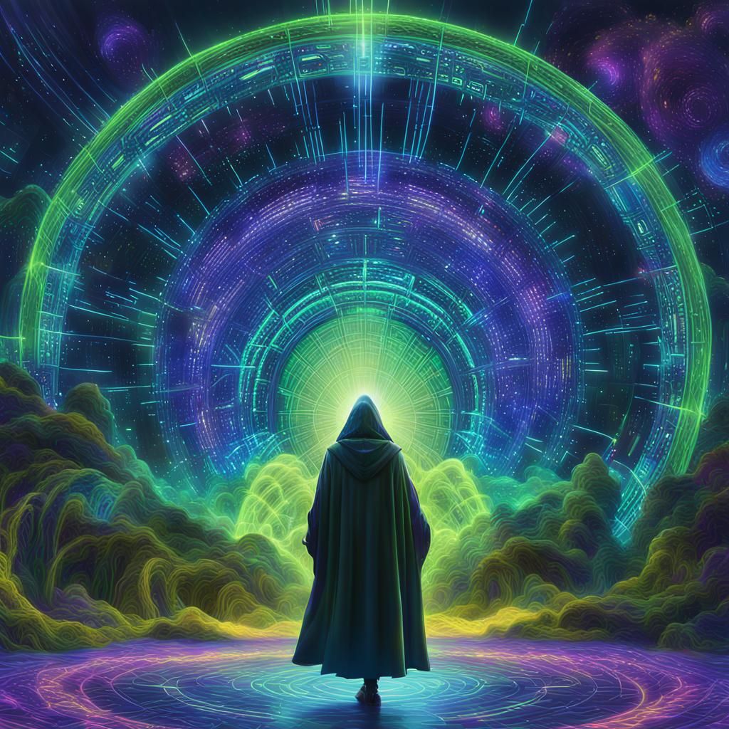 Hooded Figure in Matrix of Glowing Code