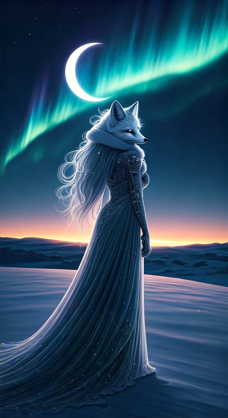 Arctic Fox Woman on Snowy Hill at Twilight