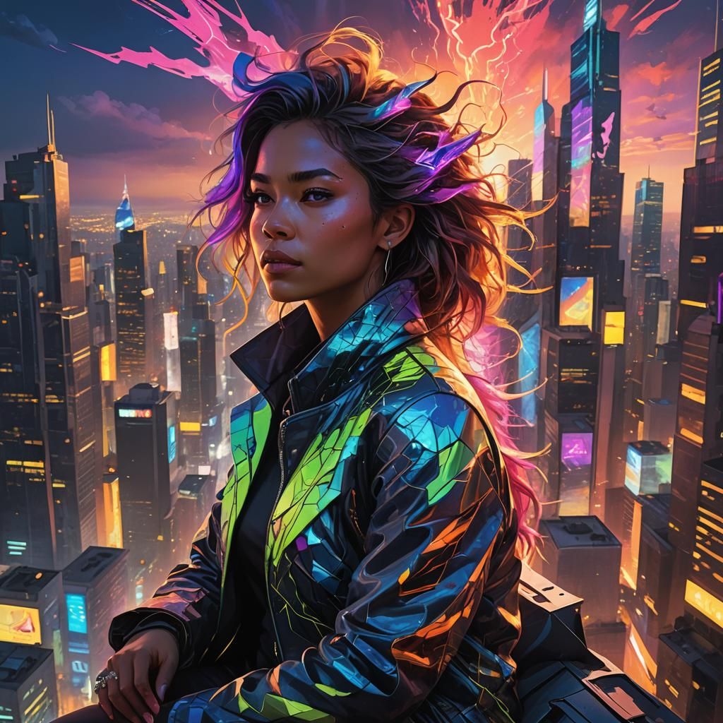 Neon Cityscape Concept Art: Woman on Skyscraper Edge