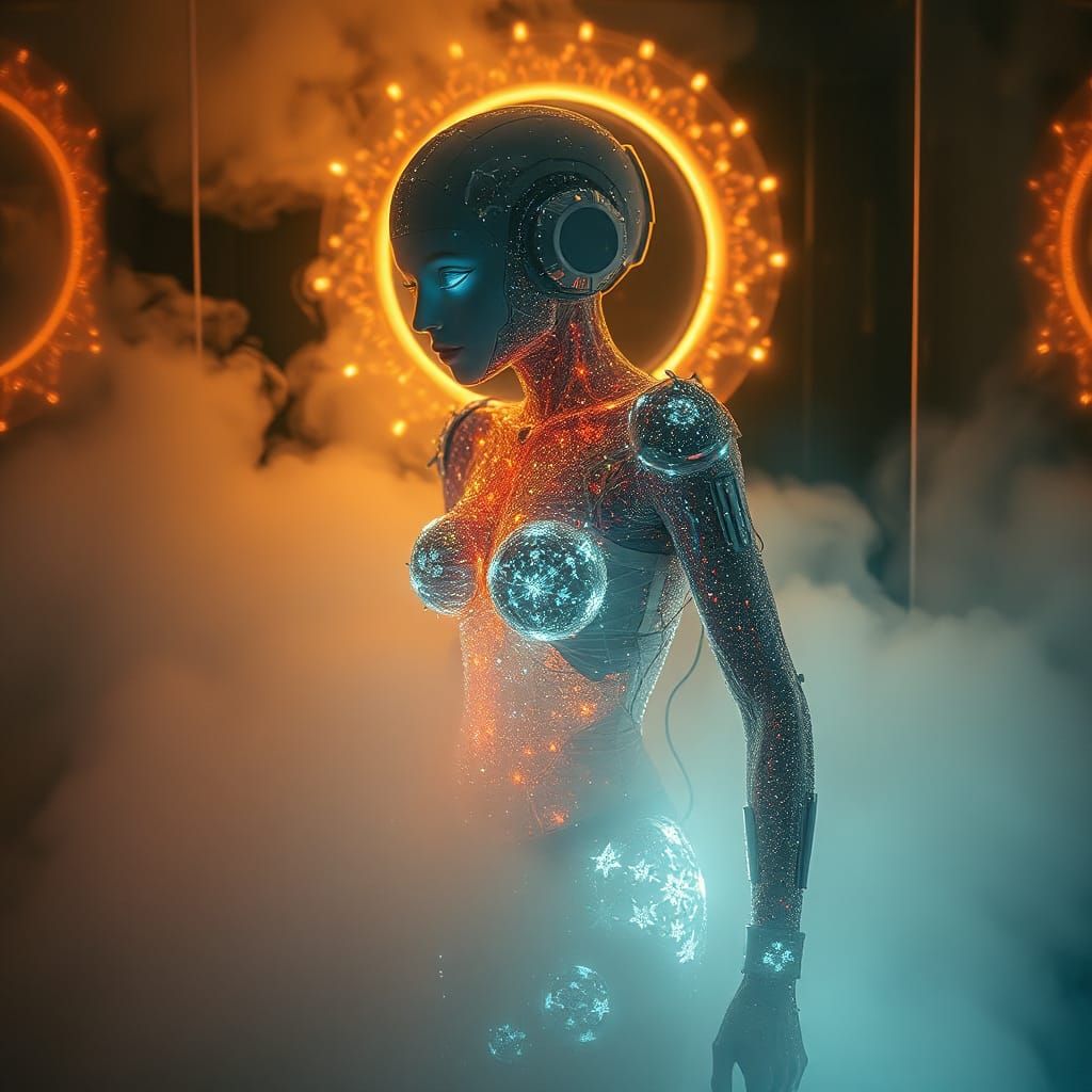 Astral Circuit Cyborg in Glass Box