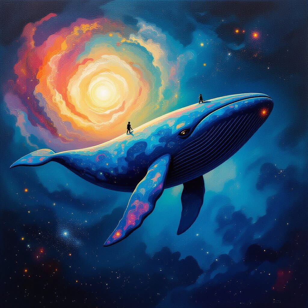 Cosmic Sky-Whale in Bioluminescent Impasto Oil Painting