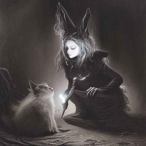 Cat Witch with Bioluminescent Beak in Field