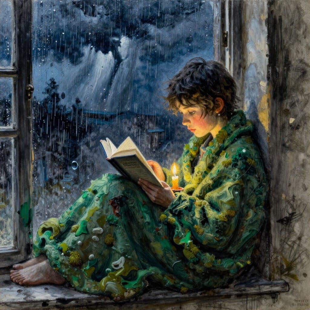 Young Person Reading by Candlelight During Storm