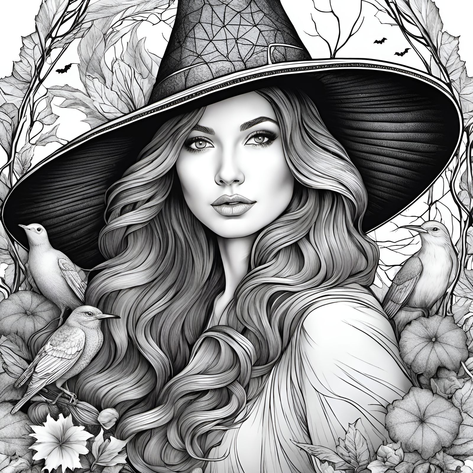 Girl in Witch Hat Coloring Page with Avian Motifs