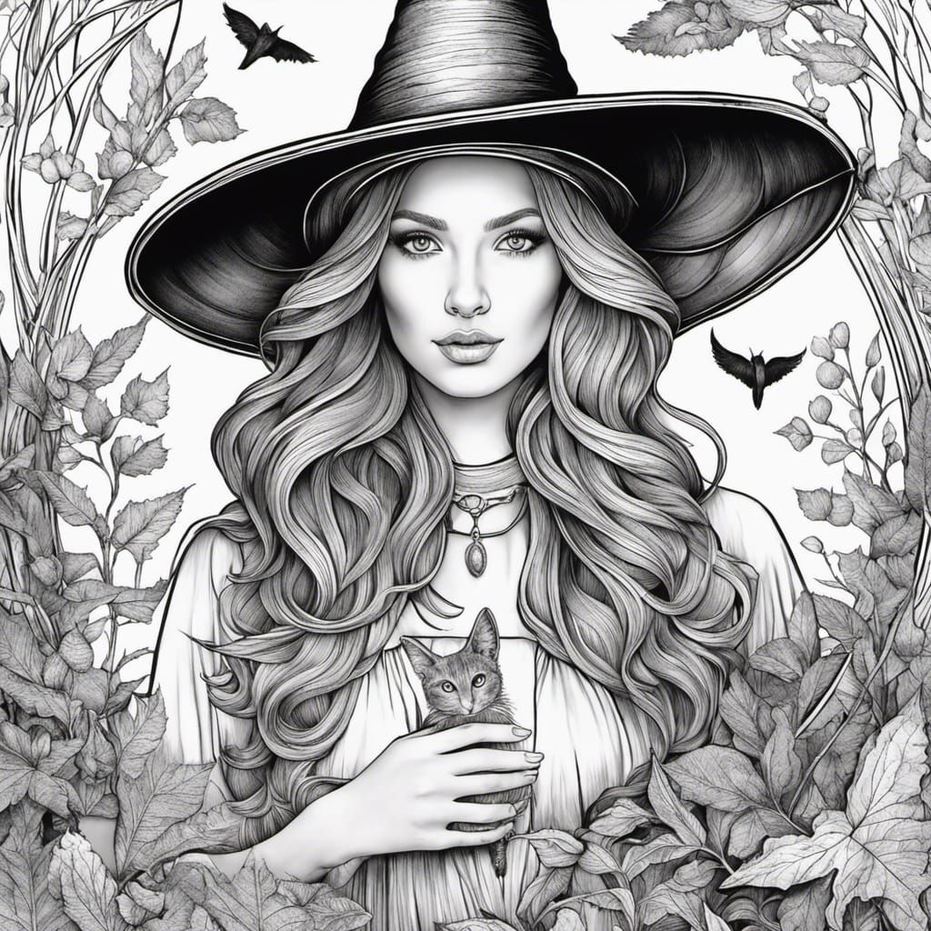 Girl in Witch Hat Coloring Page: Detailed Realism