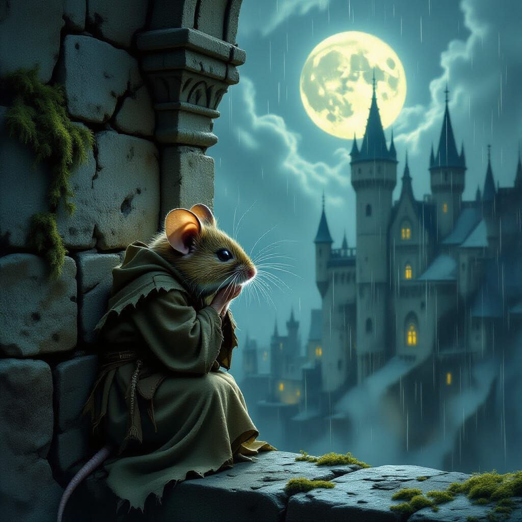 Frightened Mouse on Gothic Balcony in Sfumato Style