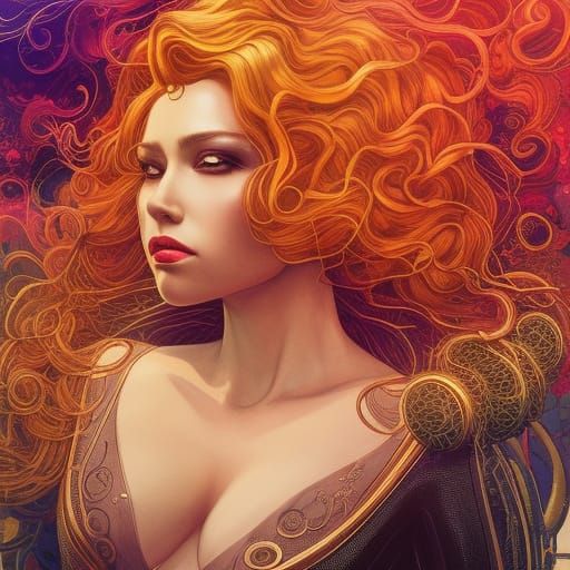 "Beautiful black widow from avengers, golden royal crown, long curly hair, soft and feminine, abstract realism, victo ng...