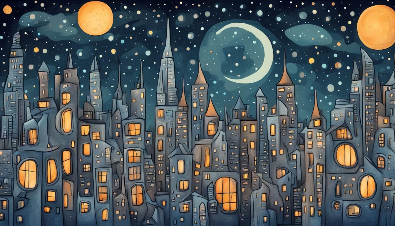 Futuristic Whimsical City Under Starry Night Sky