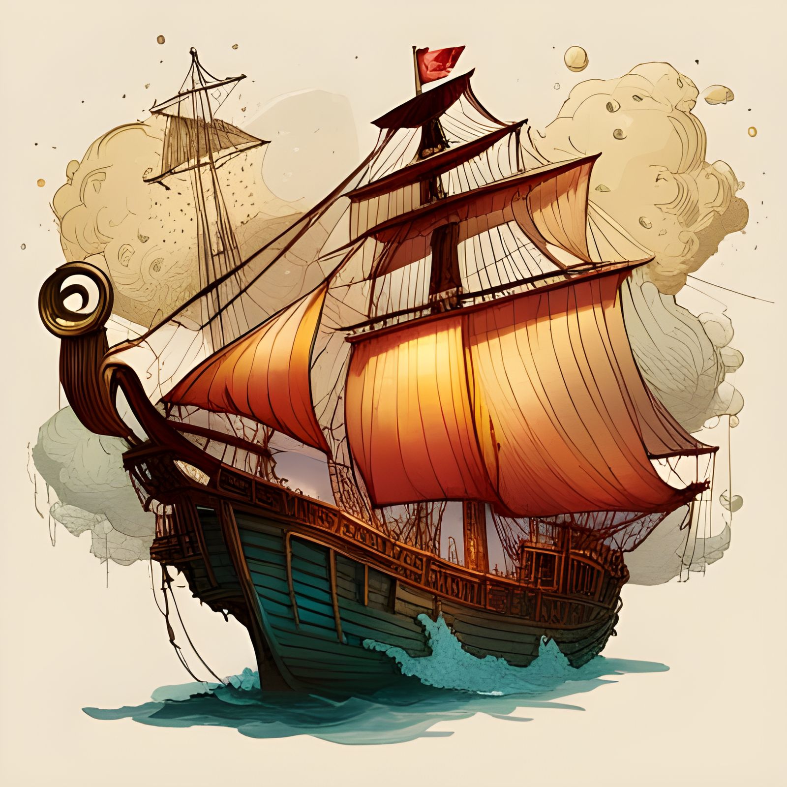 Luminous Pirate Ship Digital Painting