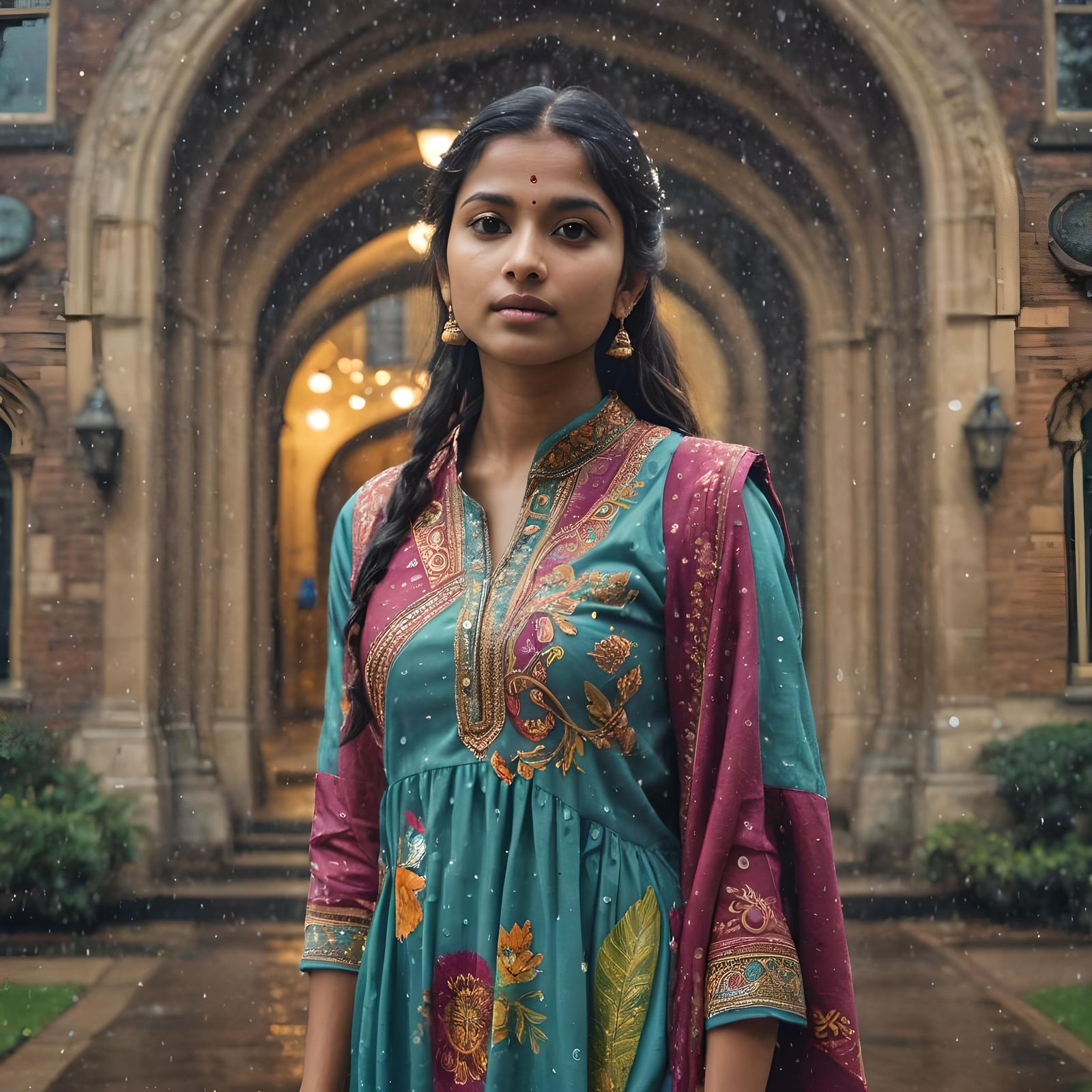 Confident Indian Woman at University Entrance