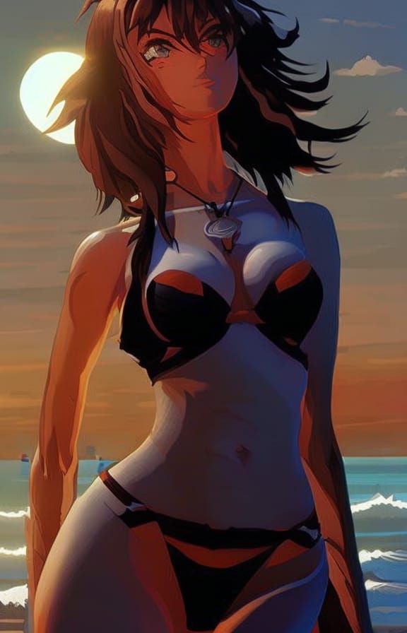 Anime Bikini Girl at Sunset: Digital Illustration