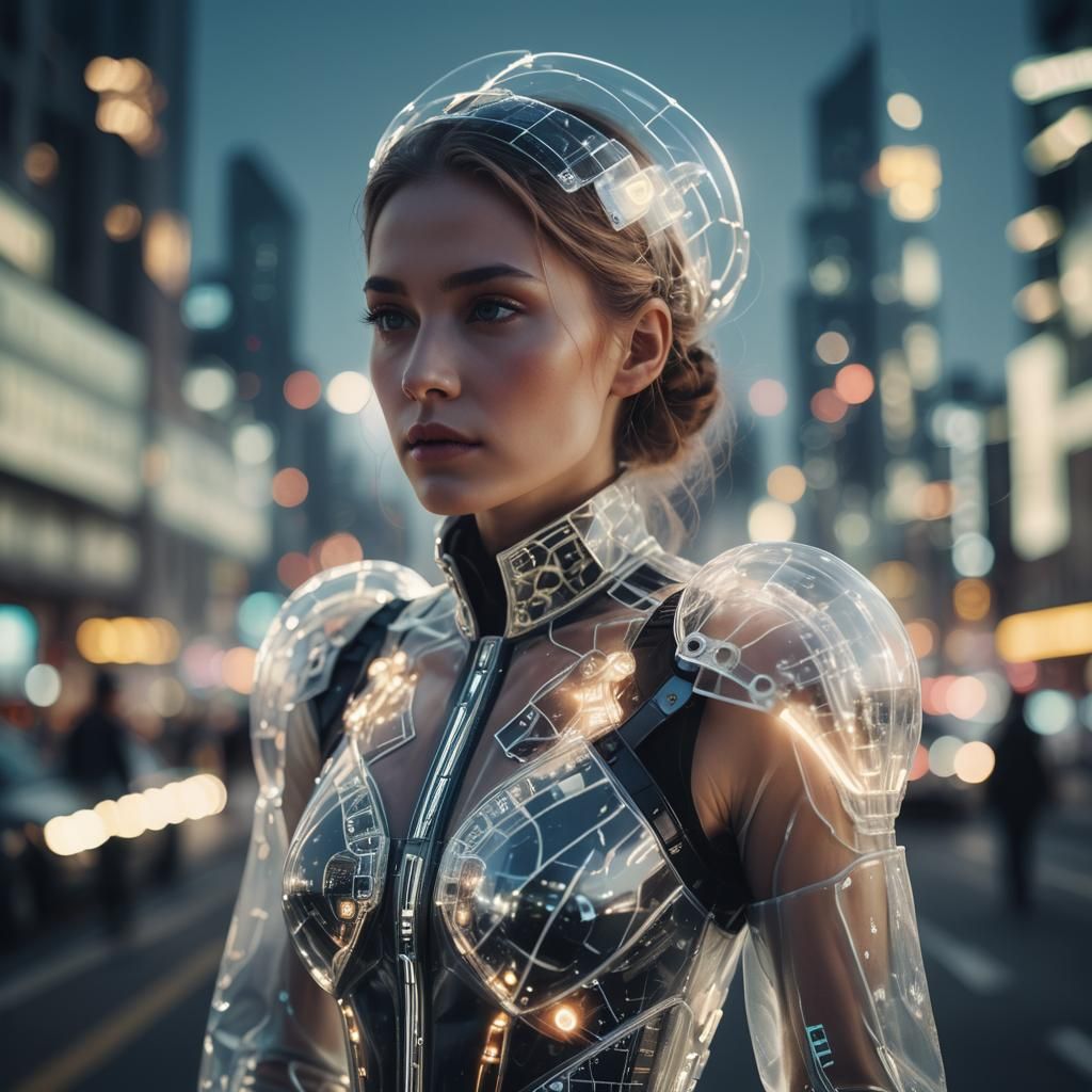 Mechanoluminescent Fashion in Futuristic Cityscape